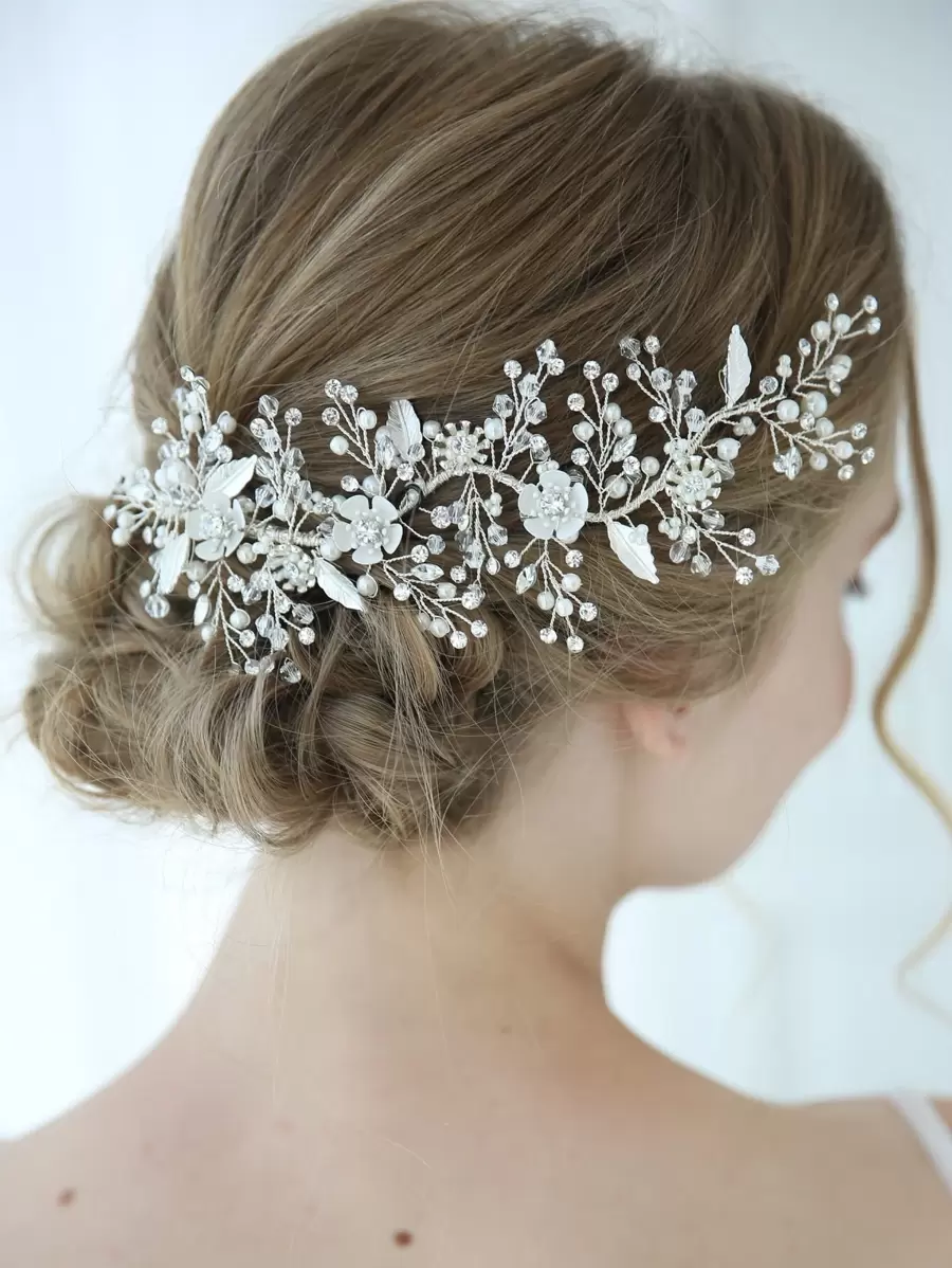 Faux Pearl & Flower Decor Bride Hair Clip For Wedding Elegant Tiaras Halloween - Silver - View 1