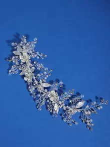 Faux Pearl & Flower Decor Bride Hair Clip For Wedding Elegant Tiaras Halloween - Silver - View 2