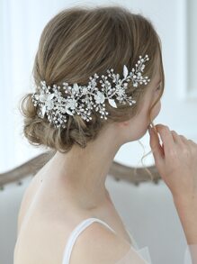 Faux Pearl & Flower Decor Bride Hair Clip For Wedding Elegant Tiaras Halloween - Silver - View 4