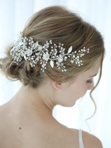 Faux Pearl & Flower Decor Bride Hair Clip For Wedding Elegant Tiaras Halloween - Silver - View 5
