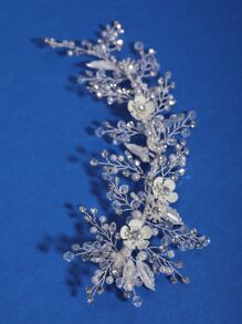 Faux Pearl & Flower Decor Bride Hair Clip For Wedding Elegant Tiaras Halloween - Silver - View 6