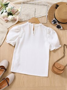 SHEIN Girls Puff Sleeve Lace Trim Keyhole Back Blouse - White - View 2