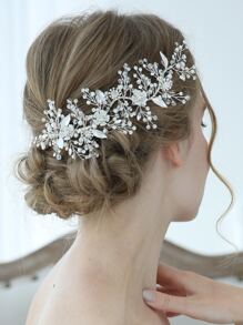 Faux Pearl & Flower Decor Bride Hair Clip For Wedding Elegant Tiaras Halloween - Silver - View 7