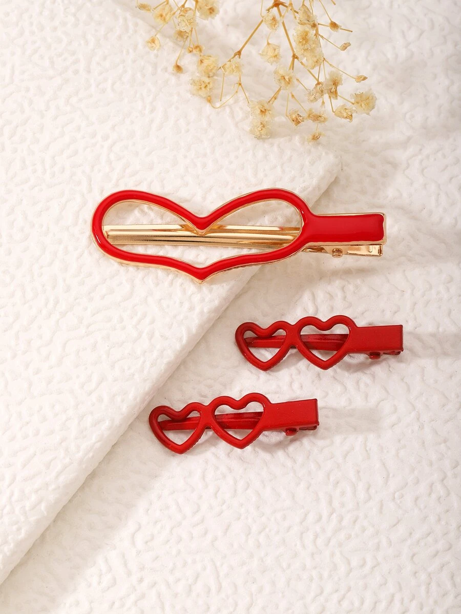 3 cái kẹp tóc cá sấu trang trí hình trái tim - Đỏ - Xem 1