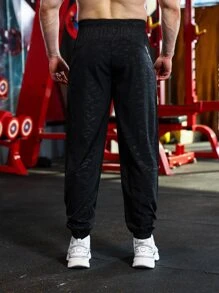 Manfinity Fitness 男士字母和迷彩圖案腰部抽繩運動褲 - 黑色 - 查看 2