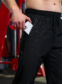 Manfinity Fitness 男士字母和迷彩圖案腰部抽繩運動褲 - 黑色 - 查看 3