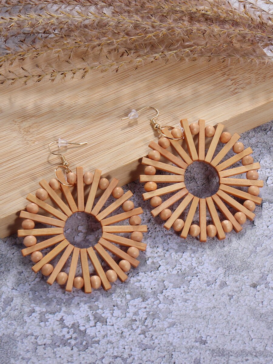 Bead Decor Hollow Out Round Drop Earrings - Brown - View 1