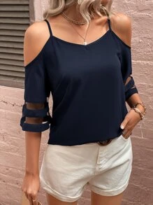 SHEIN LUNE 素色挖肩網紗拼接拼接襯衫 - 藏蓝色 - 查看 4