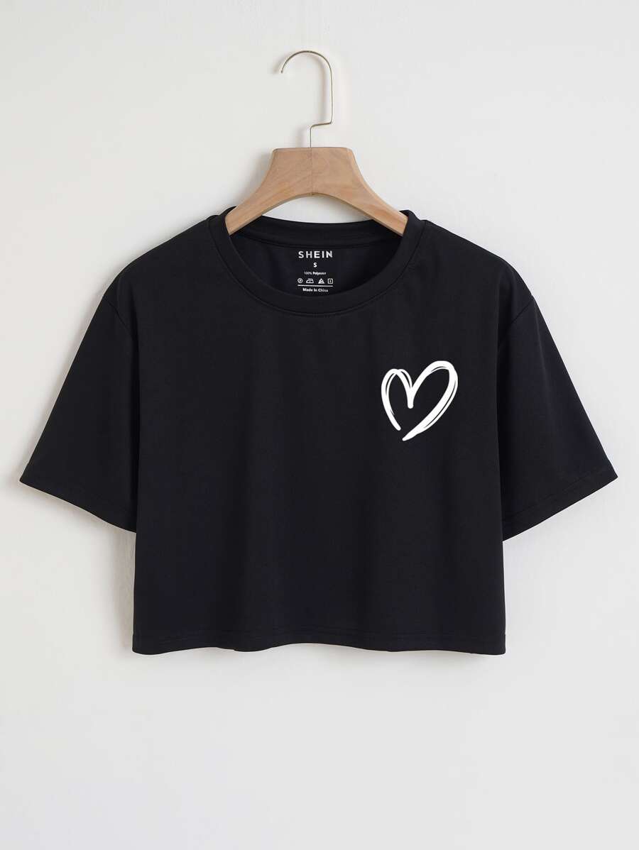INAWLY Heart Print Crop Tee Graphic Tees Women Tops - Black - View 1