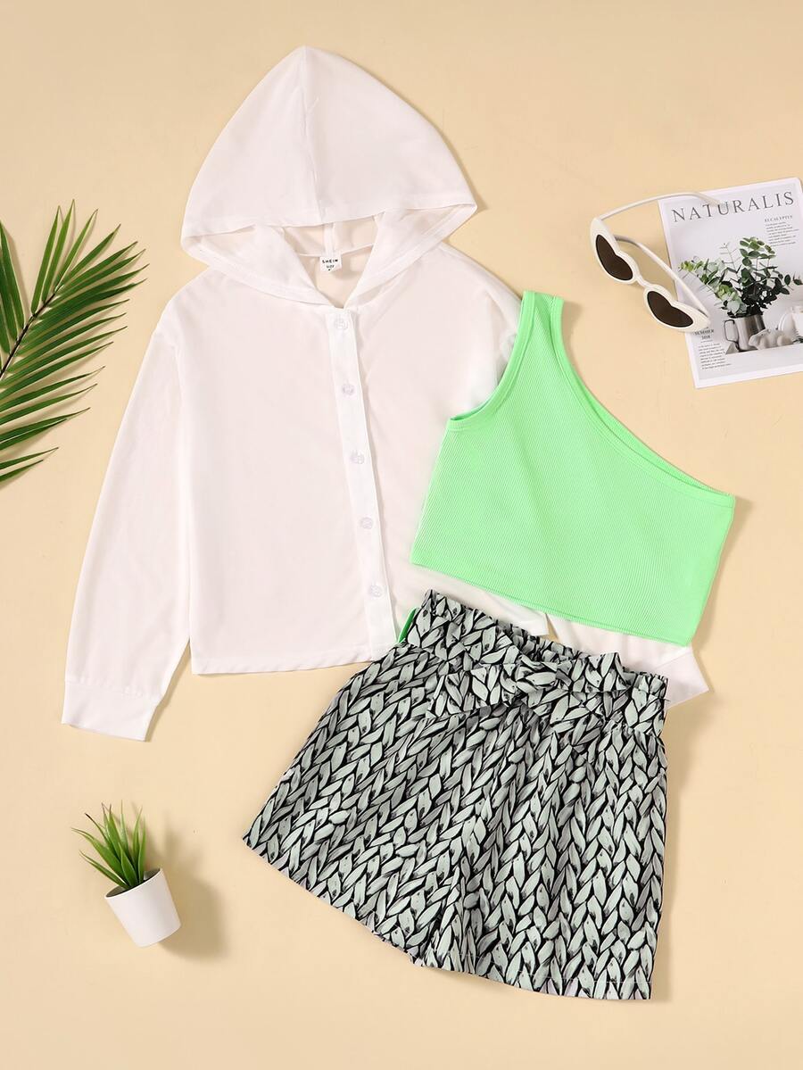 Girls One Shoulder Top & Allover Print Shorts & Hooded Top - Multicolor - View 1