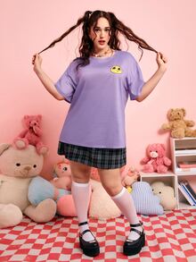 ROMWE Anime Plus Mushroom & Cartoon Graphic Drop Shoulder Tee - Mauve Purple - View 3