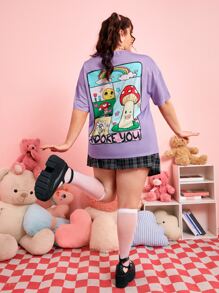 ROMWE Anime Plus Mushroom & Cartoon Graphic Drop Shoulder Tee - Mauve Purple - View 4