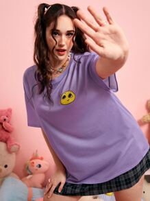 ROMWE Anime Plus Mushroom & Cartoon Graphic Drop Shoulder Tee - Mauve Purple - View 5