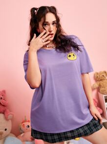 ROMWE Anime Plus Mushroom & Cartoon Graphic Drop Shoulder Tee - Mauve Purple - View 6