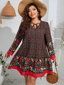 SHEIN Clasi Plus Floral Print Tie Neck Ruffle Hem Smock Dress - Multicolor - View 1