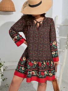SHEIN Clasi Plus Floral Print Tie Neck Ruffle Hem Smock Dress - Multicolor - View 5