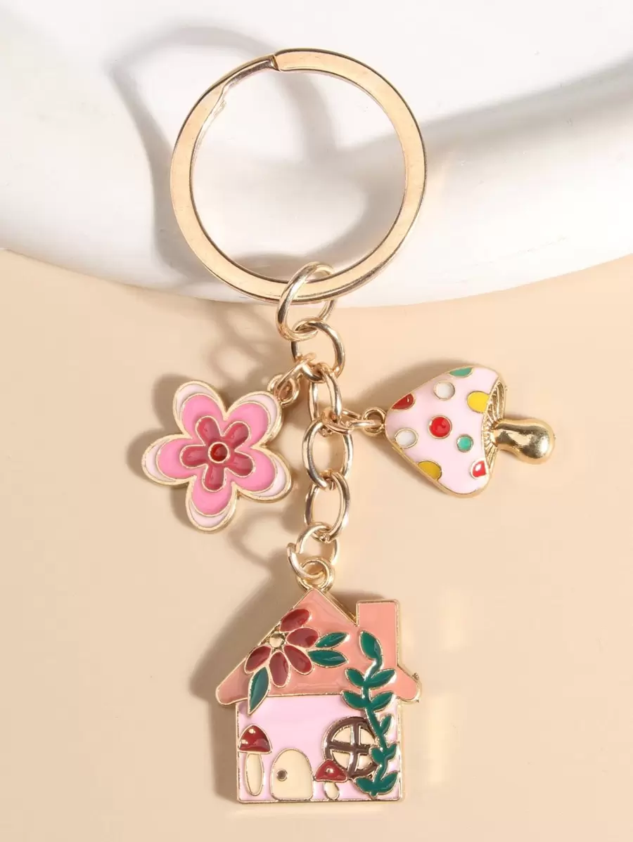 Cute Mushroom House & Flower Shaped Keychain, Purse Charm, Made Of Zinc Alloy With Oil Drip Effect In Countryside Style Casual Car Accessories Bag Charm School Goth Y2k - Pink - View 1