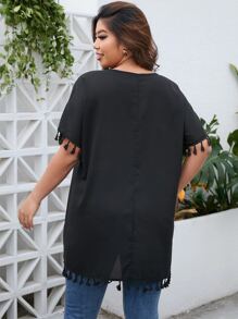 SHEIN LUNE Plus Tassel Trim Batwing Sleeve Blouse - Black - View 2