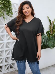 SHEIN LUNE Plus Tassel Trim Batwing Sleeve Blouse - Black - View 5