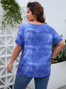 SHEIN LUNE Camiseta de tie dye con abertura escalonada de manga raglán - Azul - Ver 2