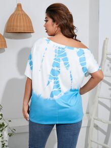 SHEIN LUNE Camiseta de tie dye de manga murciélago - Azul y blanco - Ver 2