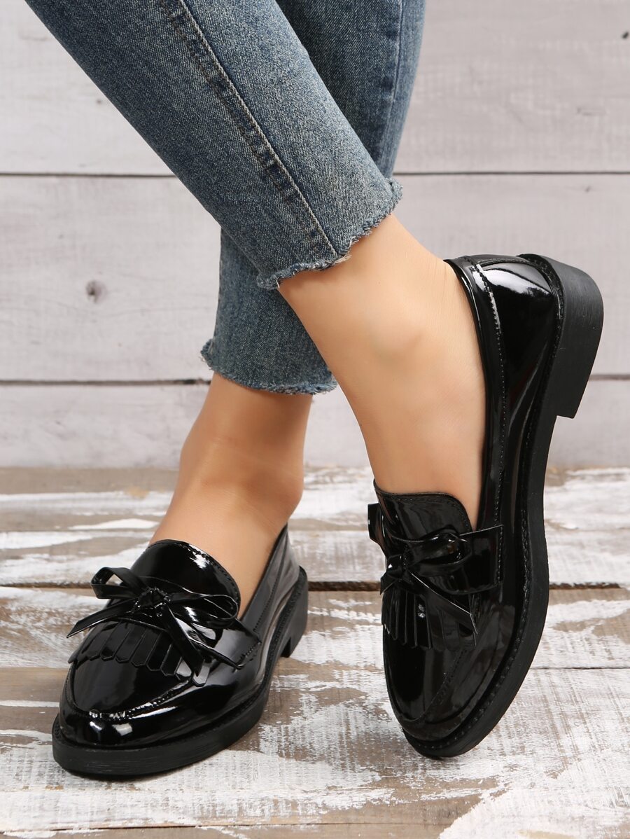 Mocasines planos casuales de mujer con decoración de unicolor, estilo retro para otoño/invierno - Negro - Ver 1