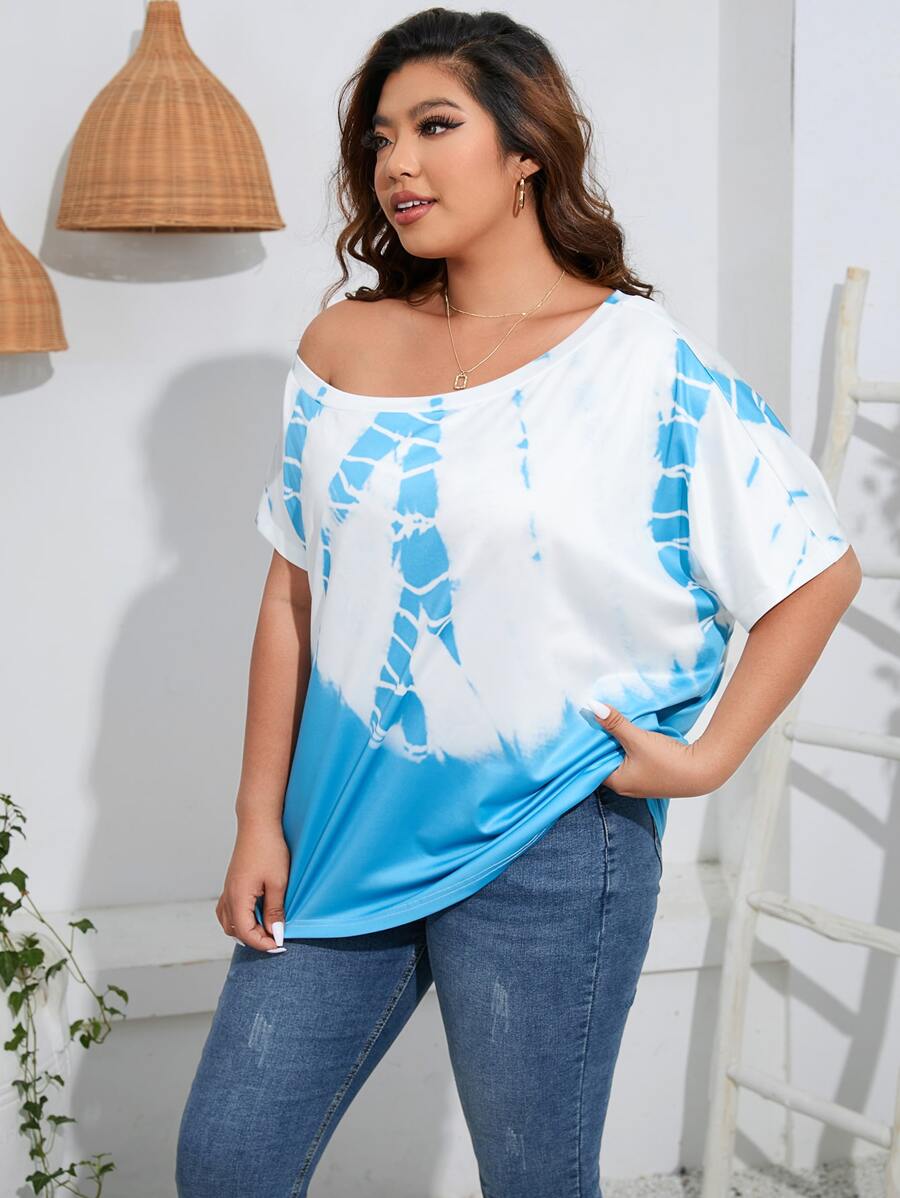 SHEIN LUNE Camiseta de tie dye de manga murciélago - Azul y blanco - Ver 1