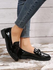 Mocasines planos casuales de mujer con decoración de unicolor, estilo retro para otoño/invierno - Negro - Ver 2