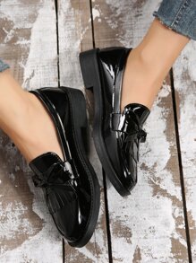 Mocasines planos casuales de mujer con decoración de unicolor, estilo retro para otoño/invierno - Negro - Ver 4