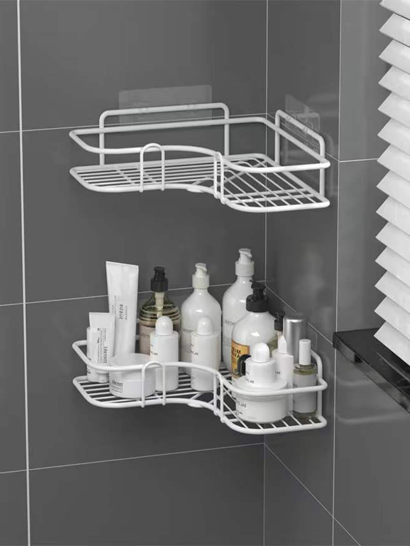 1pc Bathroom Storage Rack, 1pc No-Drill Double Hook, 2pcs No-Drill Double Hooks, For Kitchen, Living Room And Bathroom - White - View 1