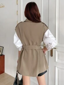DAZY Đôi ngực Thắt lưng Áo vest Áo khoác Trench - Màu Khaki - Xem 2