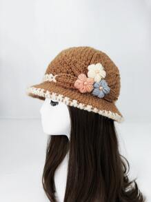 Flower & Faux Pearl Decor Hat - Khaki - View 1