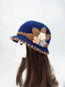 Flower & Faux Pearl Decor Hat - Navy Blue - View 1