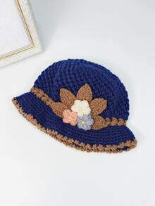 Flower & Faux Pearl Decor Hat - Navy Blue - View 2
