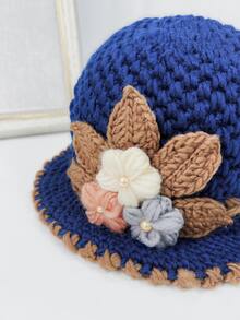 Flower & Faux Pearl Decor Hat - Navy Blue - View 4