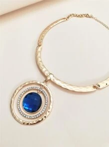 Rhinestone Oval Pendant Necklace - Yellow Gold - View 1