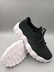 Men Striped Pattern Lace-up Front Chunky Sneakers - Black - View 6