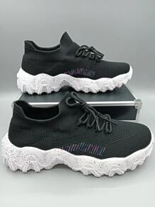 Men Striped Pattern Lace-up Front Chunky Sneakers - Black - View 7