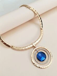 Rhinestone Oval Pendant Necklace - Yellow Gold - View 2