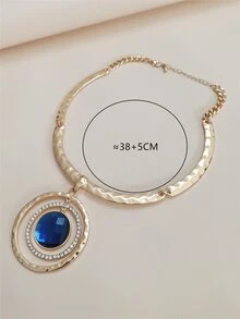 Rhinestone Oval Pendant Necklace - Yellow Gold - View 3