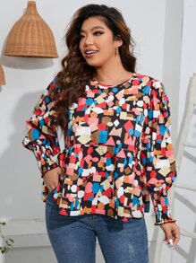 SHEIN Unity Plus Geo Print Lantern Sleeve Blouse - Multicolor - View 1
