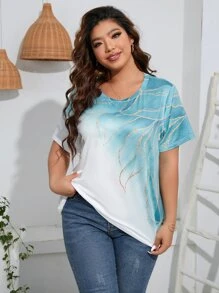 SHEIN LUNE Camiseta con estampado de dibujo de ombré - Azul y blanco - Ver 3