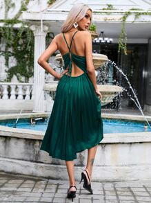 SHEIN Privé 前收褶百褶下擺吊帶連衣裙 - 墨綠色 - 查看 2