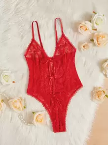 Plus Floral Lace Knot Front Teddy Bodysuit - Red - View 1
