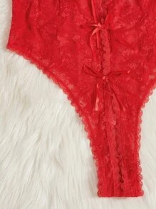 Plus Floral Lace Knot Front Teddy Bodysuit - Red - View 4