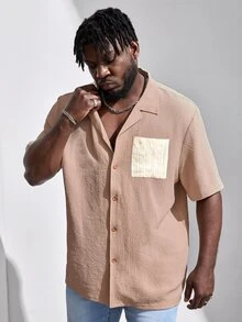 Manfinity Hombres Camisa de color combinado con parche con bolsillo - Caqui - Ver 5