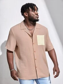 Manfinity Hombres Camisa de color combinado con parche con bolsillo - Caqui - Ver 6