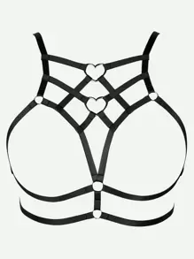 Plus Heart-ring Detail Harness Bra - Black - View 1
