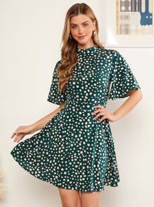 Amorya Dalmatian Print Mock Neck Flutter Sleeve Dress - Multicolor - View 3
