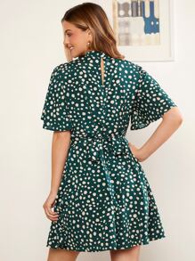 Amorya Dalmatian Print Mock Neck Flutter Sleeve Dress - Multicolor - View 2